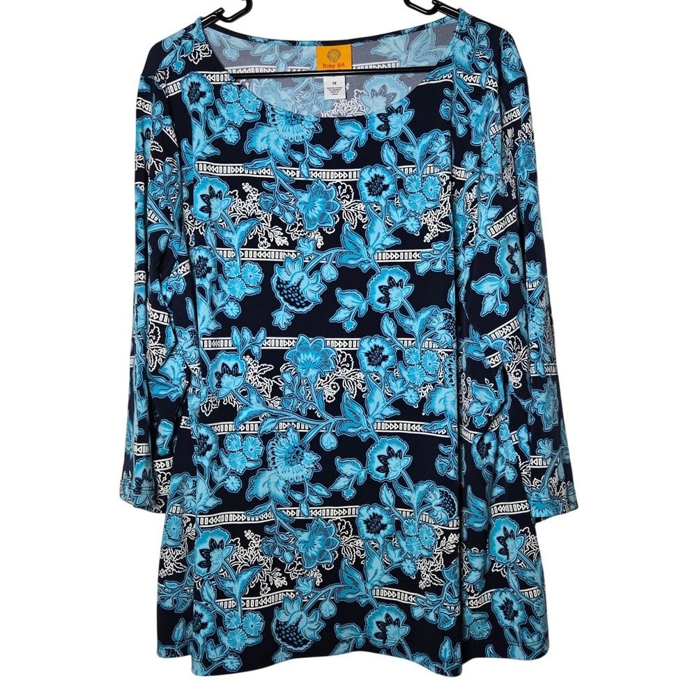 Ruby Rd Blue Floral Top Plus 1X Boho Stretch Coastal Tropical Casual Bright - Picture 1 of 7